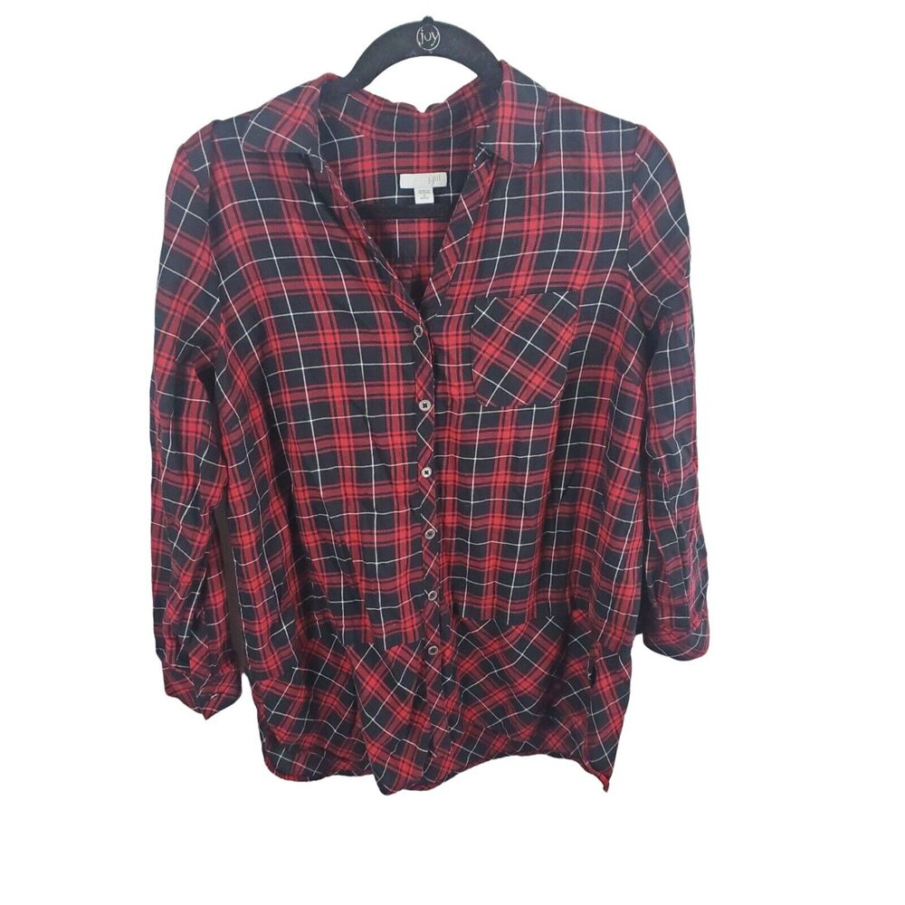 J.Jill Button Front Top Small Womens Black Red Plaid Long Sleeve Casual Top‎